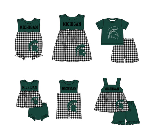 Custom moq 5 mix size milk silk summer teams baby girl boys clothes Green Black and white checkered short sleeve shorts sets 3 and dress and rompers 2 series