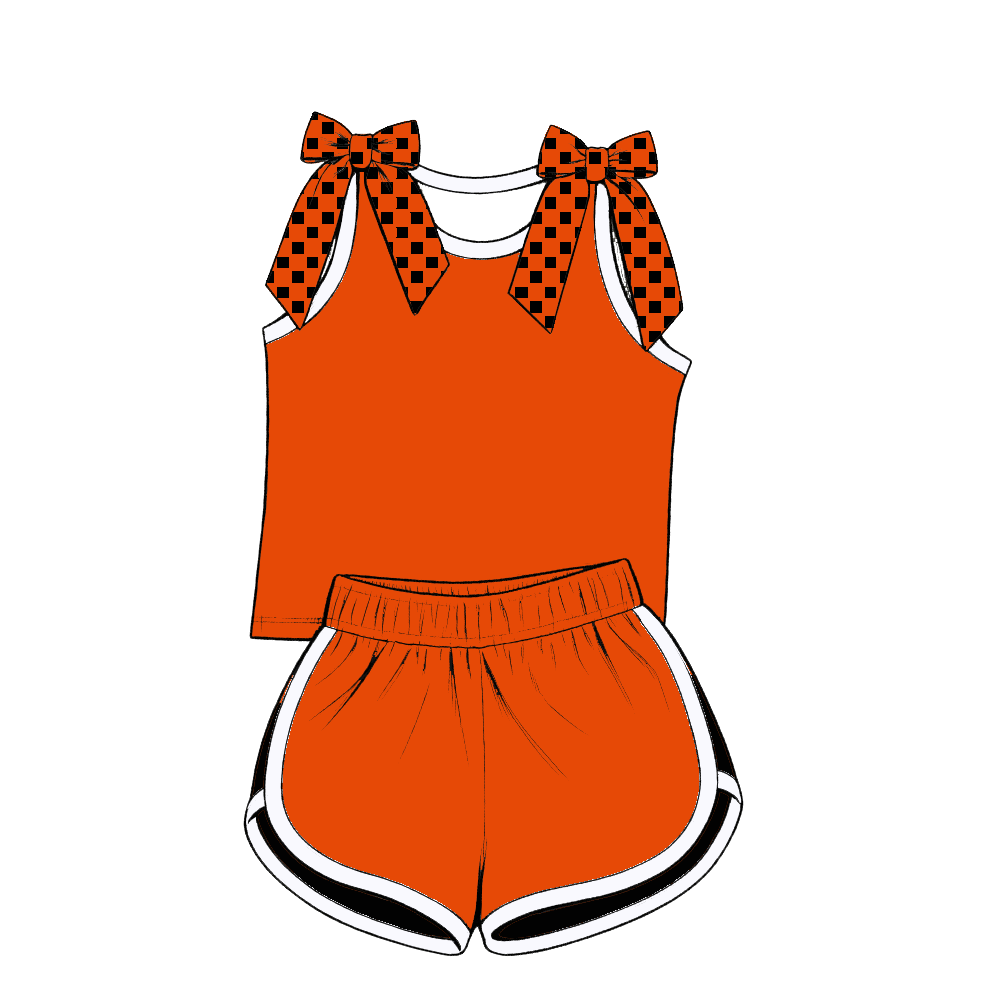 custom moq 5 mix size Baby Girls Orange Bow Sleeveless Top Shorts Summer Casual Clothes Set