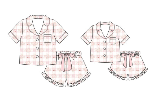 3.6 Custom moq 5 mix size Sibling Mom And Me Floral Plaid Pajama Set Short-Sleeved Top And Shorts Matching Sleepwear