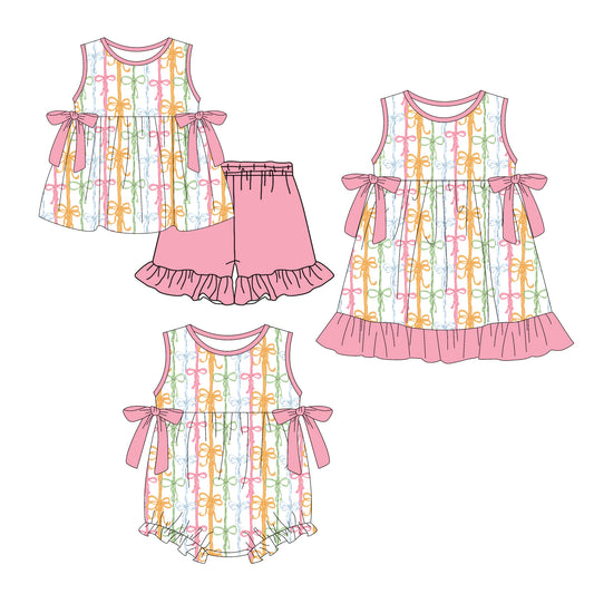 Custom moq 5 mix size Sibling Baby Girl's pink bow Sleeveless Top And Shorts Set Cute Romper Dress for Summer