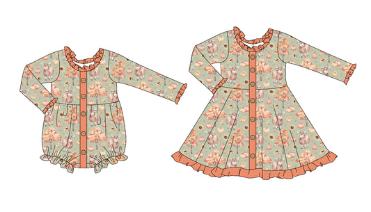 25.6.9 custom each style moq 5eta 4-6week Sibling Sisters pumpkin baby girl long sleeve dress and rompers match family design