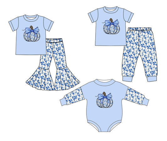 25.5.21 custom each style moq 5eta 4-6week Sibling Sister pumpkin bow floral baby boy short sleeve pants sets and sets 2 and rompers match family design