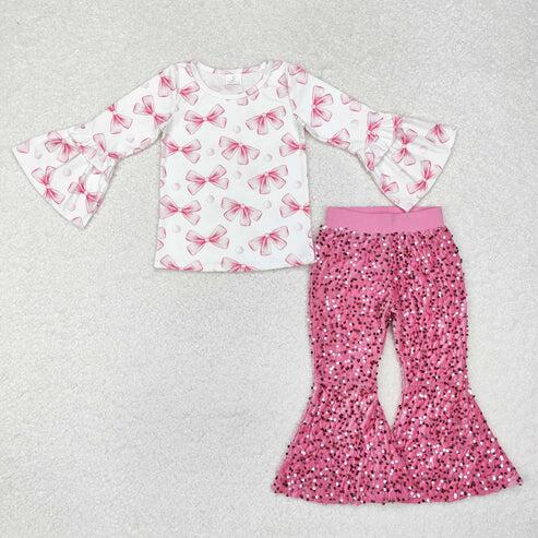RTS NO MOQ Sibling Baby Girls Plaid Tunic with Bow Sequin Bell Bottom Pants Outfit Set