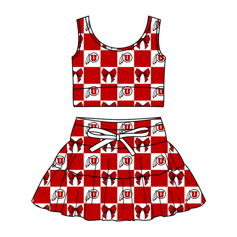 Custom moq 5 mix size Milk silk summer girls' three-piece set with letter bow print plaid sleeveless skirt including a dress and shorts