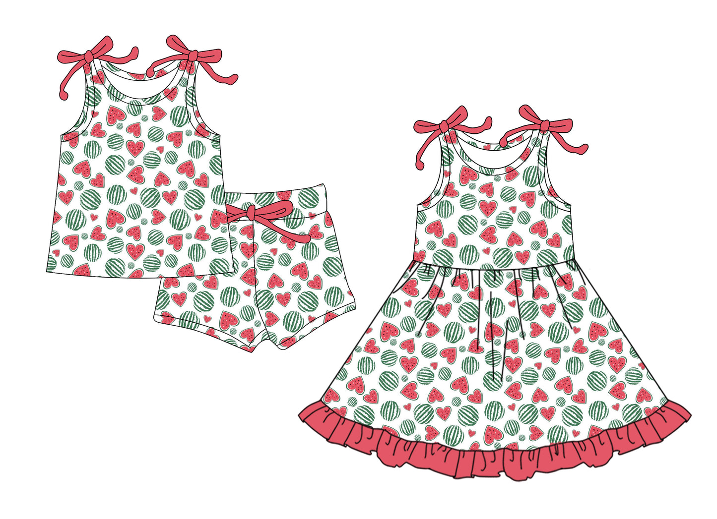 Custom moq 5 mix size Sibling Watermelon Print Camisole Top And Shorts Set Dress for Baby Girls Valentine's Day Outfit