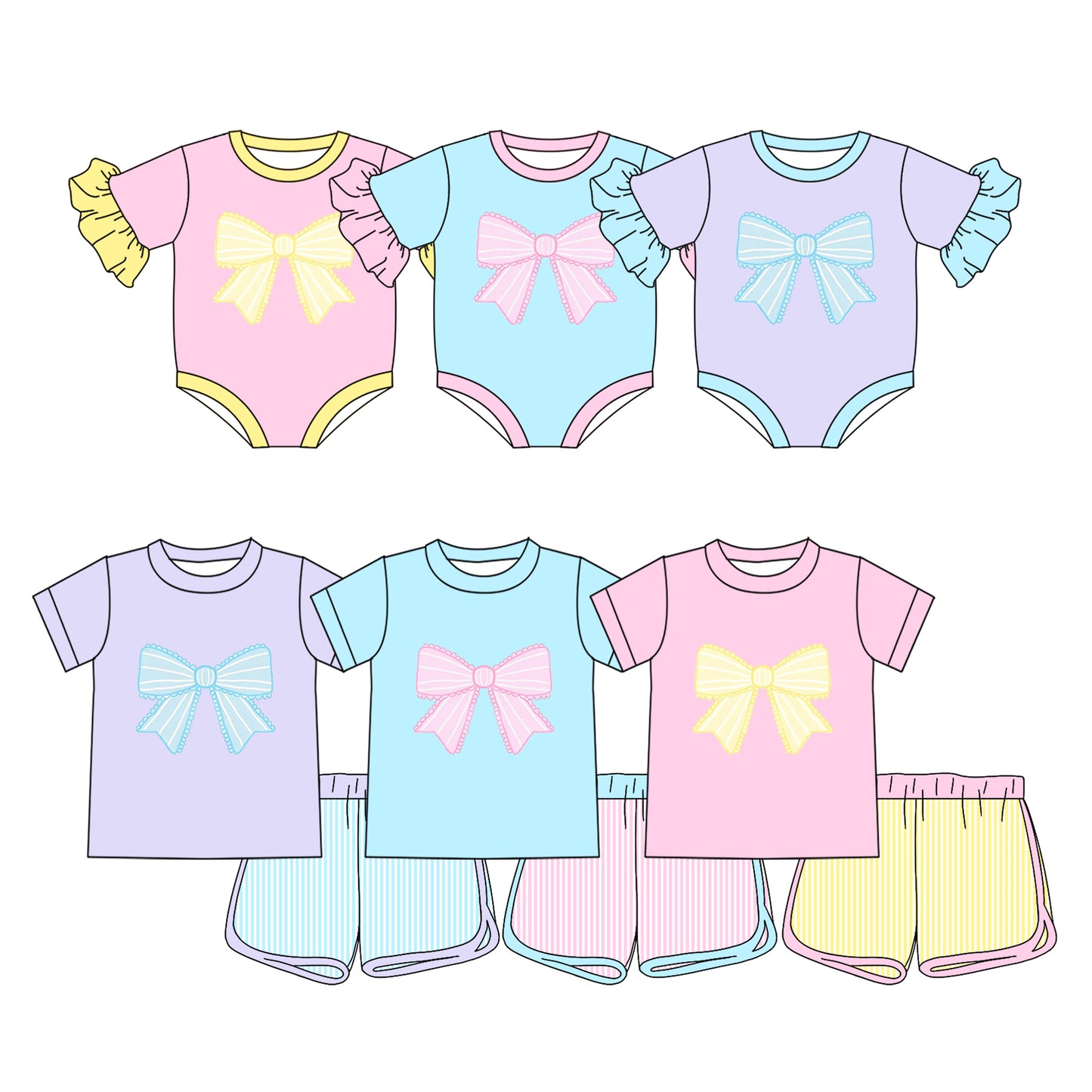 3.20 Custom moq 5 mix size Sibling Baby Girl's Bow Short-Sleeved Top And Shorts Matching One-Piece Swimsuit