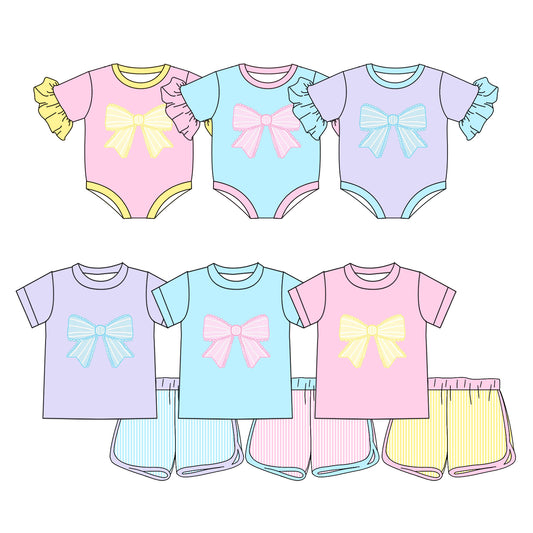3.20 Custom moq 5 mix size Sibling Baby Girl's Bow Short-Sleeved Top And Shorts Matching One-Piece Swimsuit