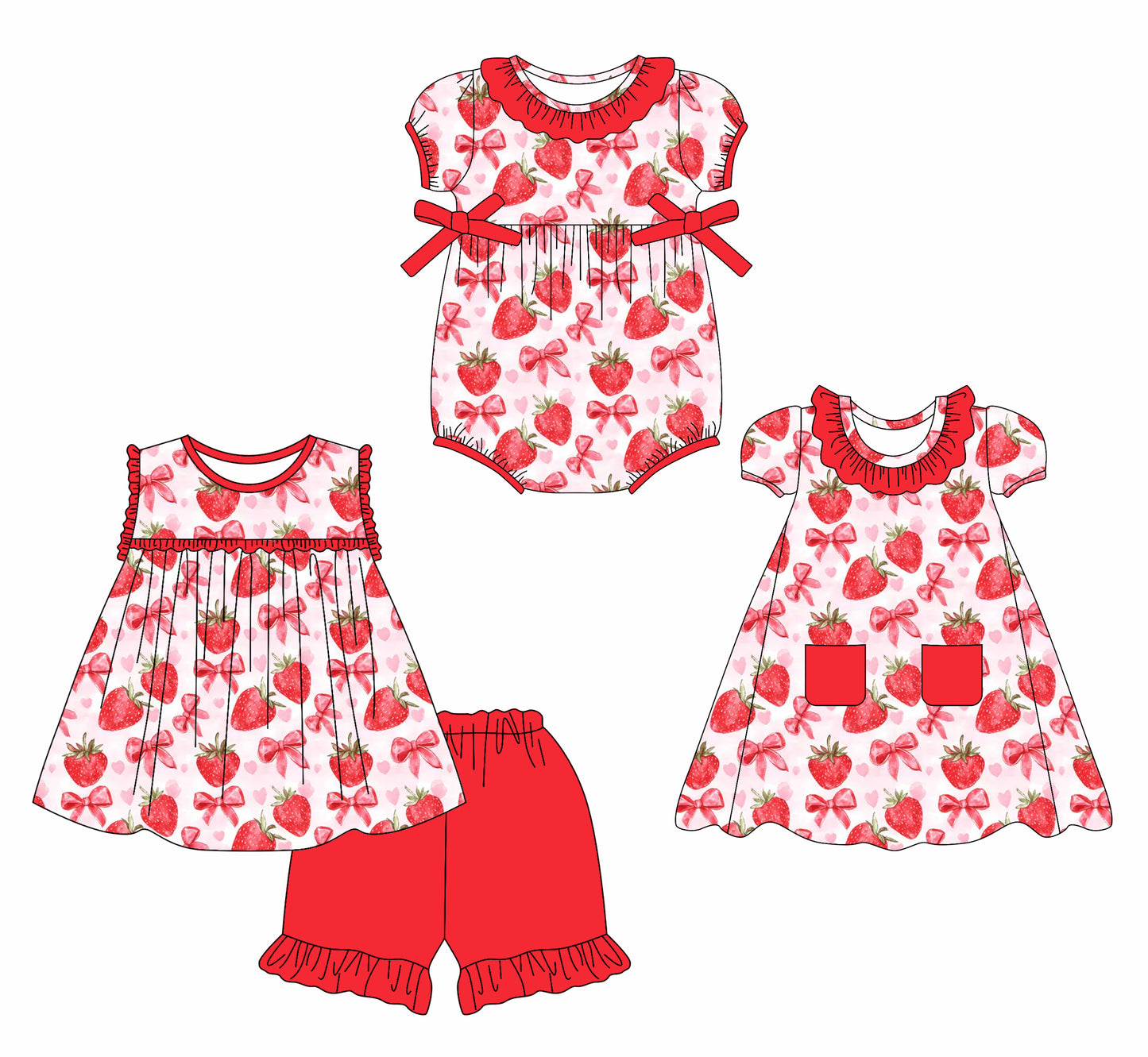 2.17 custom each style moq 5eta 4-6week Sibling Sister strawberry bow baby girl short sleeve shorts sets and dress and girl romper match design