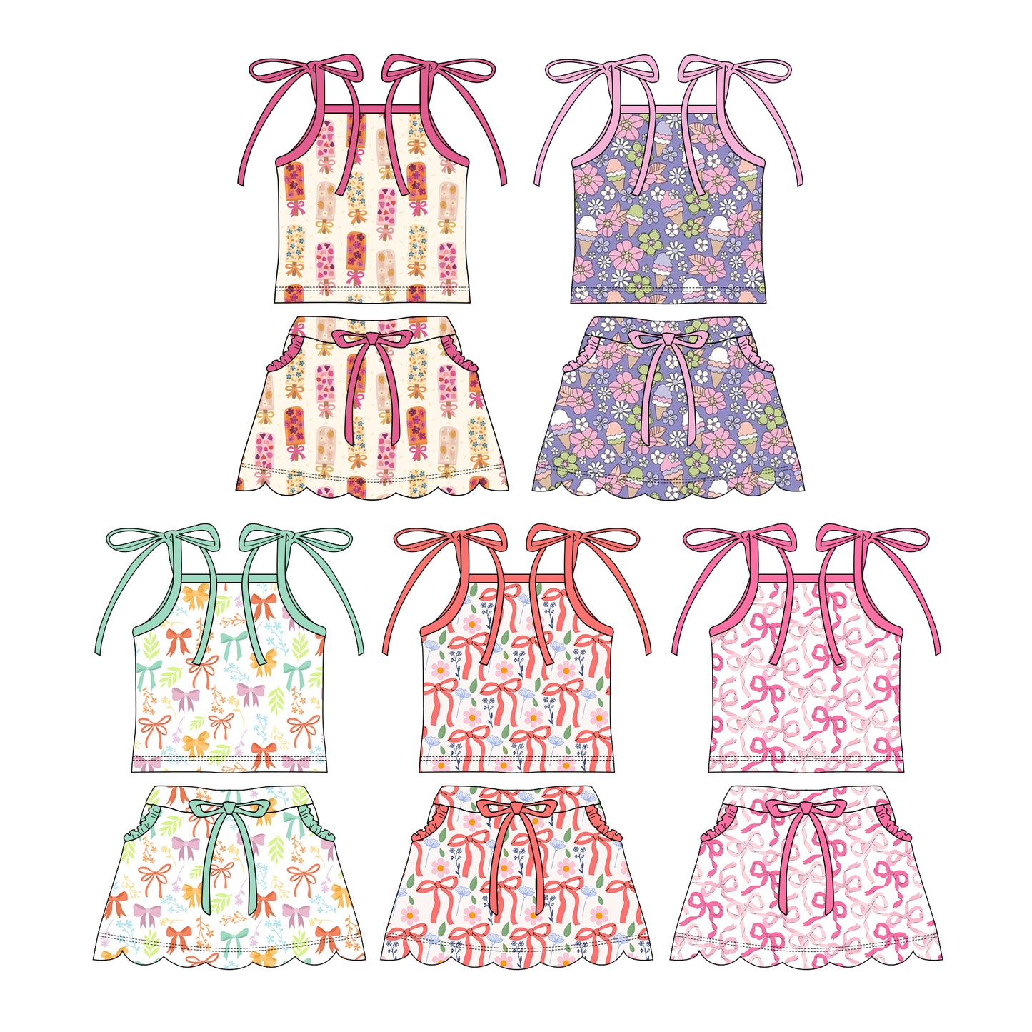 2.26 Custom moq 5 mix size Sibling Baby Girl Floral print Sleeveless Top And Skirt Set Cute Outfit