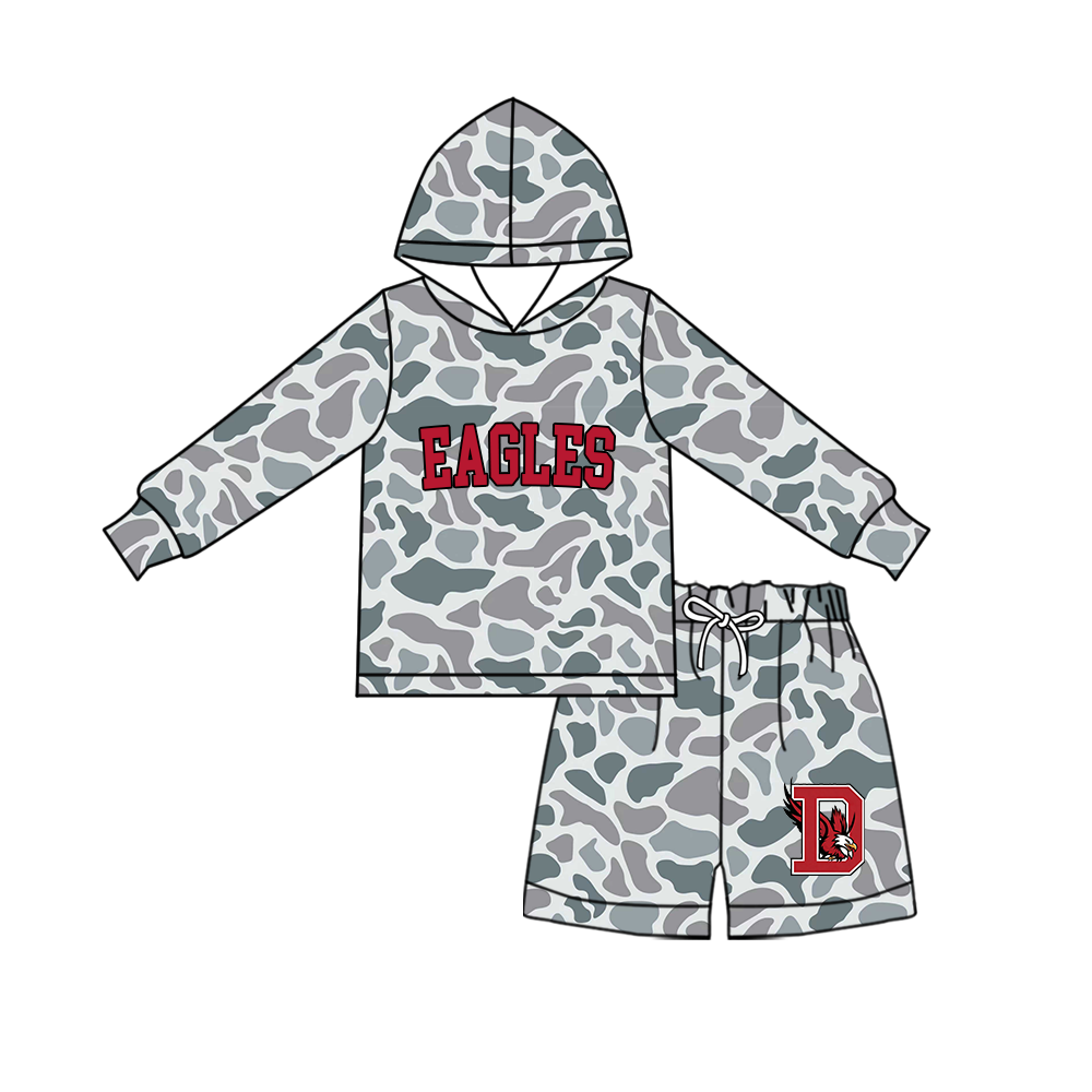 custom moq 5 mix size MSD072505 Baby Kids Grey Camo Long Sleeve Hoodie Top Shorts Team Set