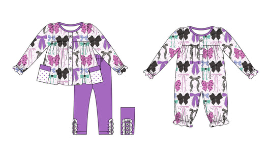 25.7.8 custom each style moq 5eta 4-6week Sibling Sister bow purple baby girl long sleeve pants sets and rompers match family design
