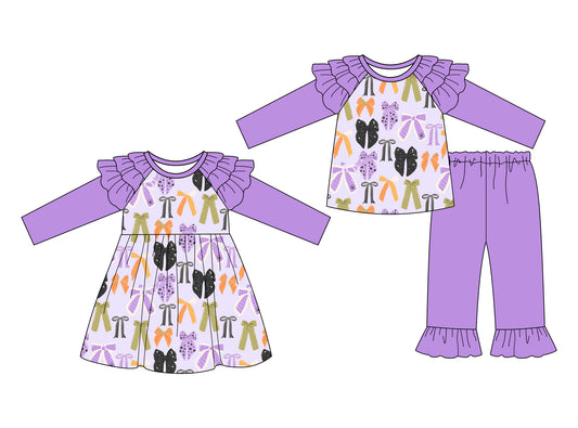25.7.16 custom each style moq 5eta 4-6week Sibling Sisters bow purple baby girl long sleeve pants sets and dress match family design