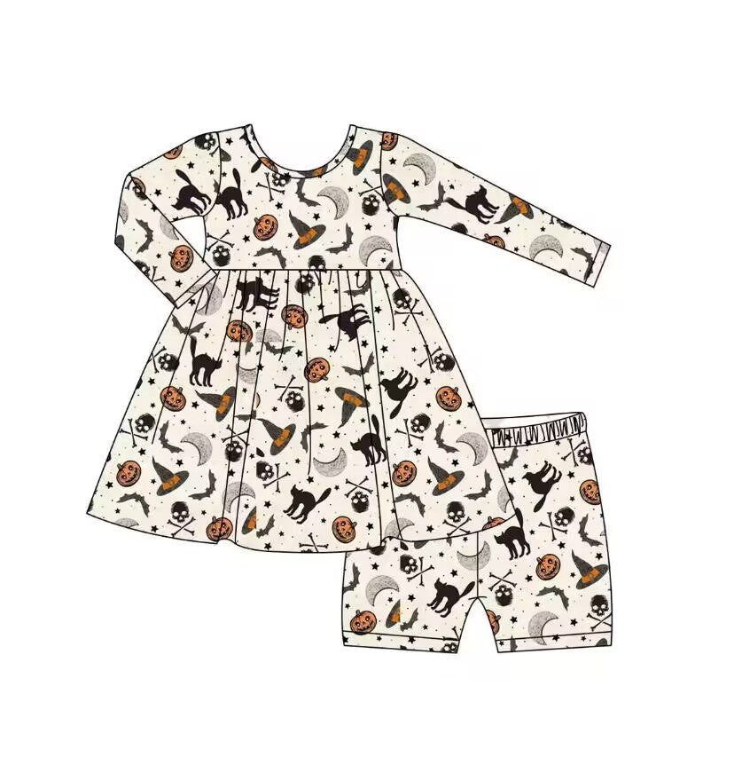 5.9custom each style moq 5eta 4-5week Sibling Sister Halloween pumpkin style prints begie girls and boys outfits and baby rompers match family design