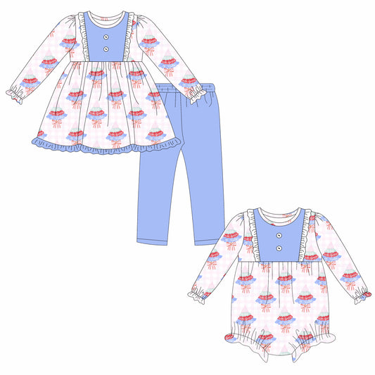 25.6.18 custom each style moq 5eta 4-6week Sibling Sisters Christmas trees baby girl long sleeve pants sets and rompers match family design
