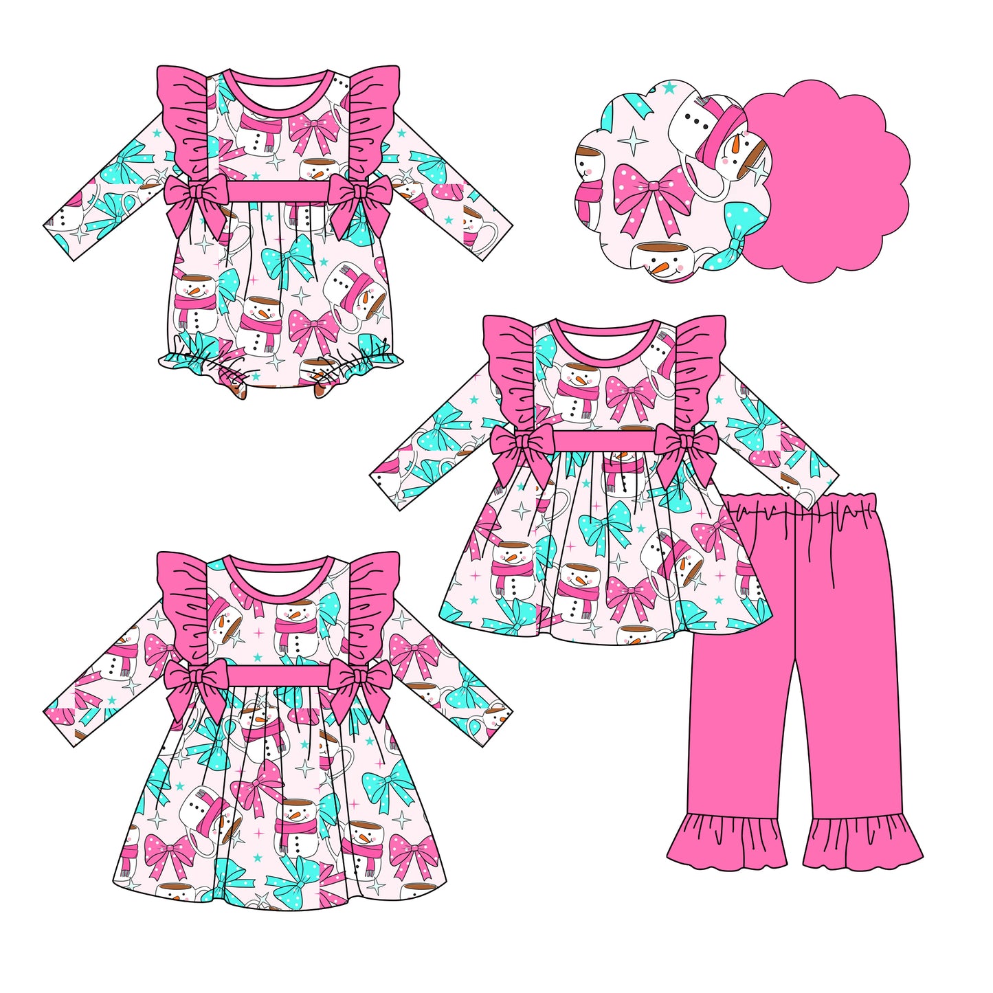 25.6.19 custom each style moq 5eta 4-6week Sibling Sisters snowman bow baby girl long sleeve pants sets and dress and rompers match family design