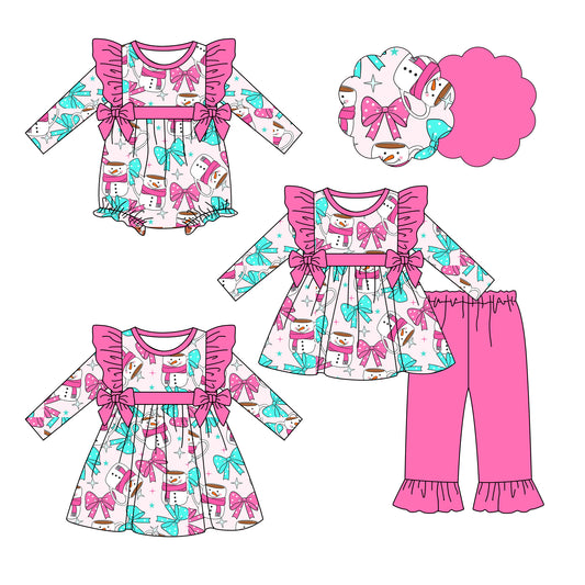 25.6.19 custom each style moq 5eta 4-6week Sibling Sisters snowman bow baby girl long sleeve pants sets and dress and rompers match family design