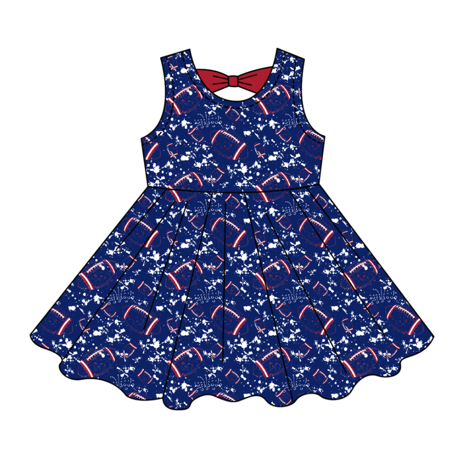 Custom moq 5 mix size milk silk summer teams Baby Girls Football  Sleeveless Bow Back Cutout Knee Length Dresses