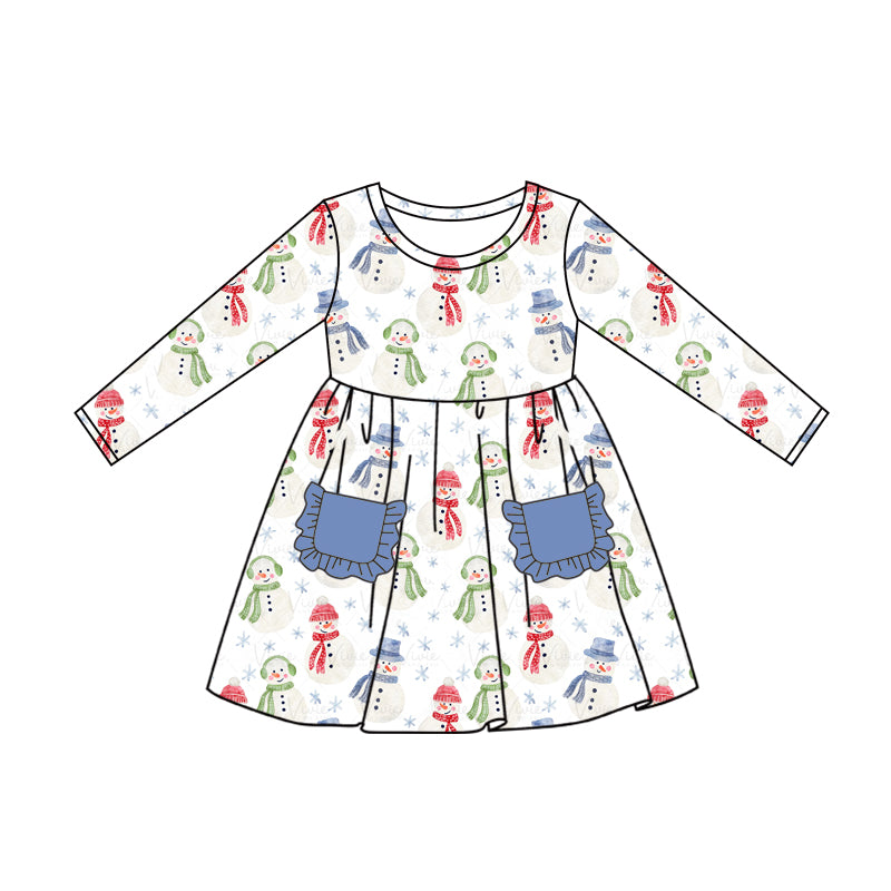 6.5 custom each style moq 5eta 4-6week baby girls clothes Christmas snow man white long sleeve girls dress