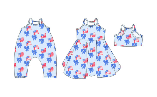3.19 custom each style moq 5eta 4-6week Sibling Sisters bow flag baby girl short sleeve dress and rompers match family design