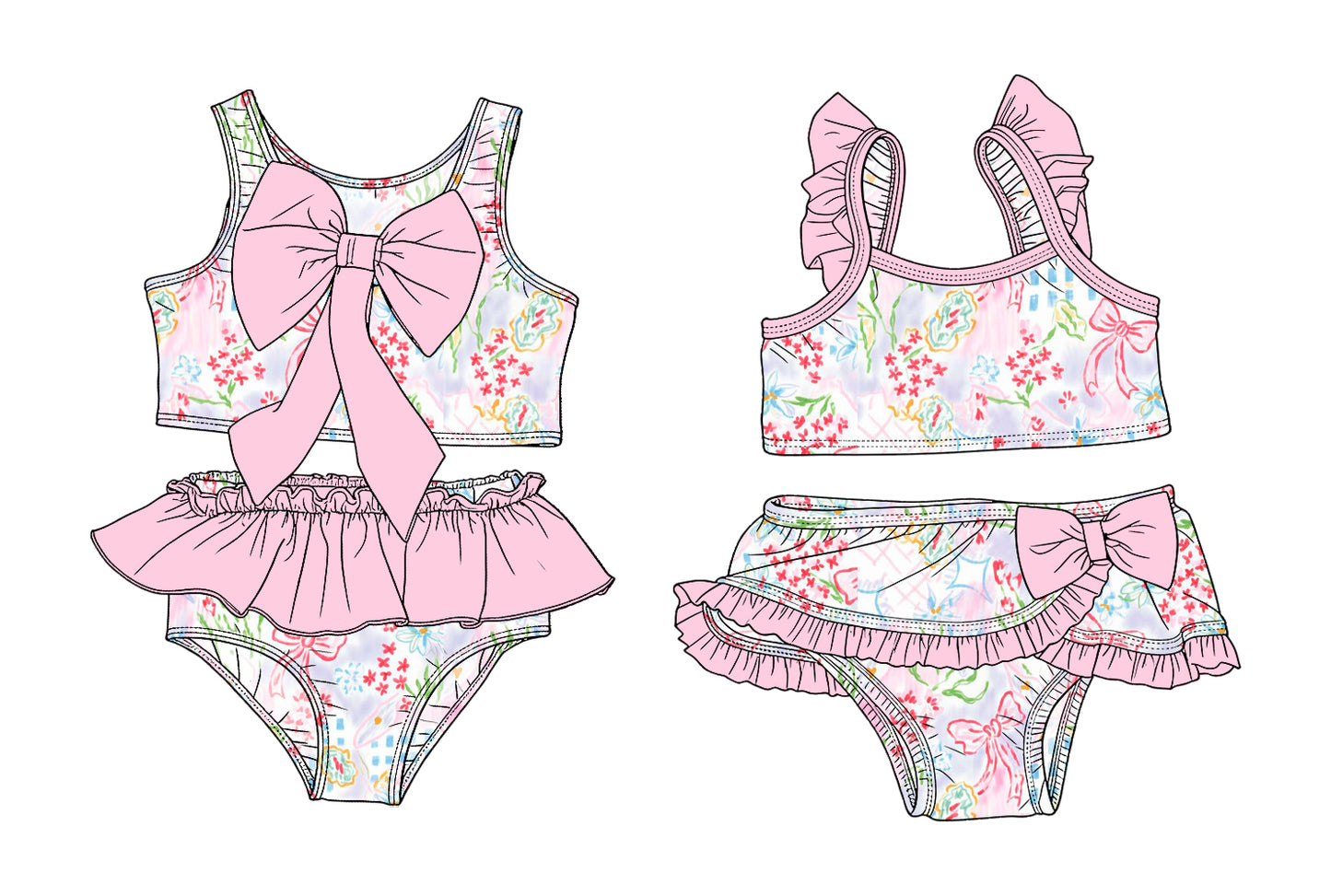 3.14 Custom moq 5 mix size Sibling Baby Girls Pink Sleeveless Top With Bow Bummies Two-Piece Set Infant Swimwear