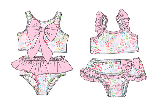 3.14 Custom moq 5 mix size Sibling Baby Girls Pink Sleeveless Top With Bow Bummies Two-Piece Set Infant Swimwear