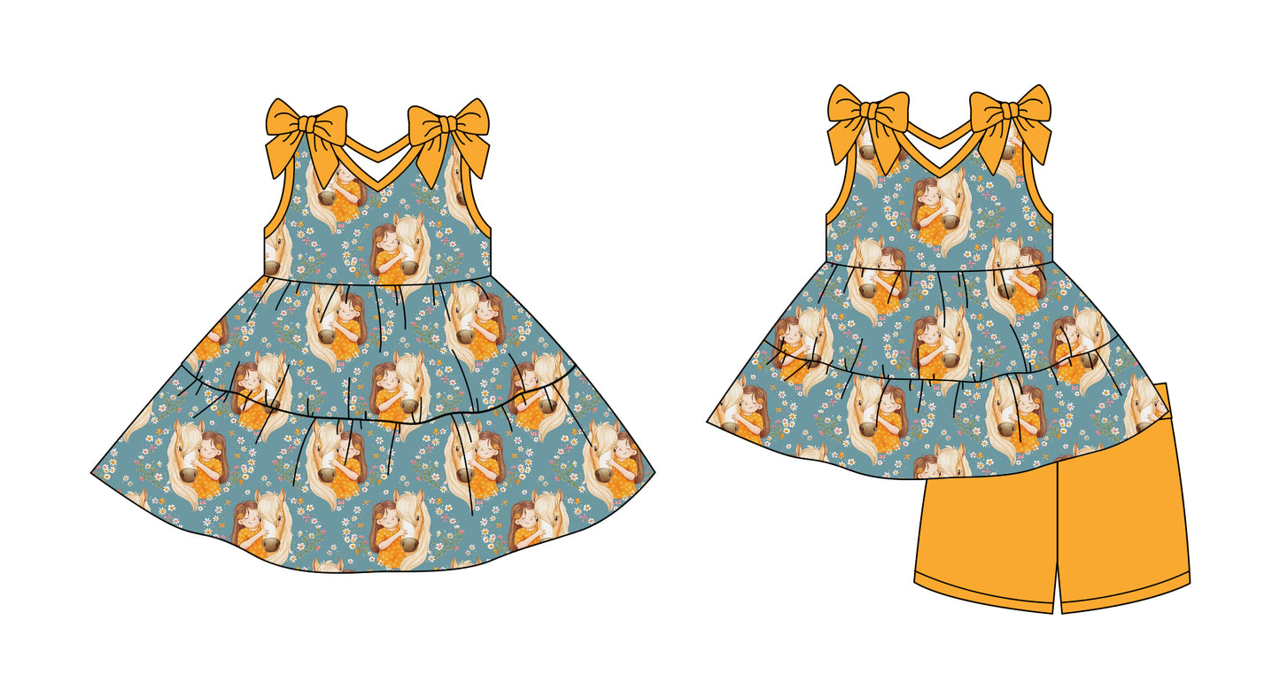 2.27 custom each style moq 5eta 4-6week Sibling Sister horse floral baby girl short sleeve shorts sets and dresses match design