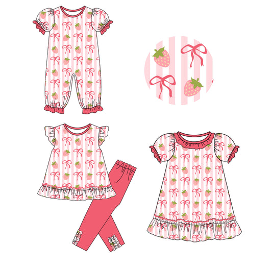 25.10.27 custom each style moq 5 eta 6-8week Sibling Sisters strawberry bow baby girl short sleeve pants sets and dress and rompers match family design