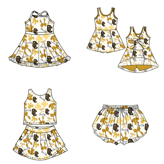 Custom moq 5 mix size milk silk summer teams Baby Girls Yellow Bow Vest Top Skirt Shorts Sets Sleeveless Knee Length Dresses Yoga Shorts Yoga Active Outfit