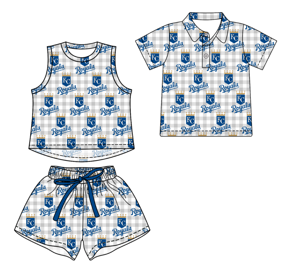 Custom moq 5 mix size milk silk summer teams Checked Girls Sleeveless Grey Top And Short Sets Boys Short Sleeve Button Polo Shirt Top