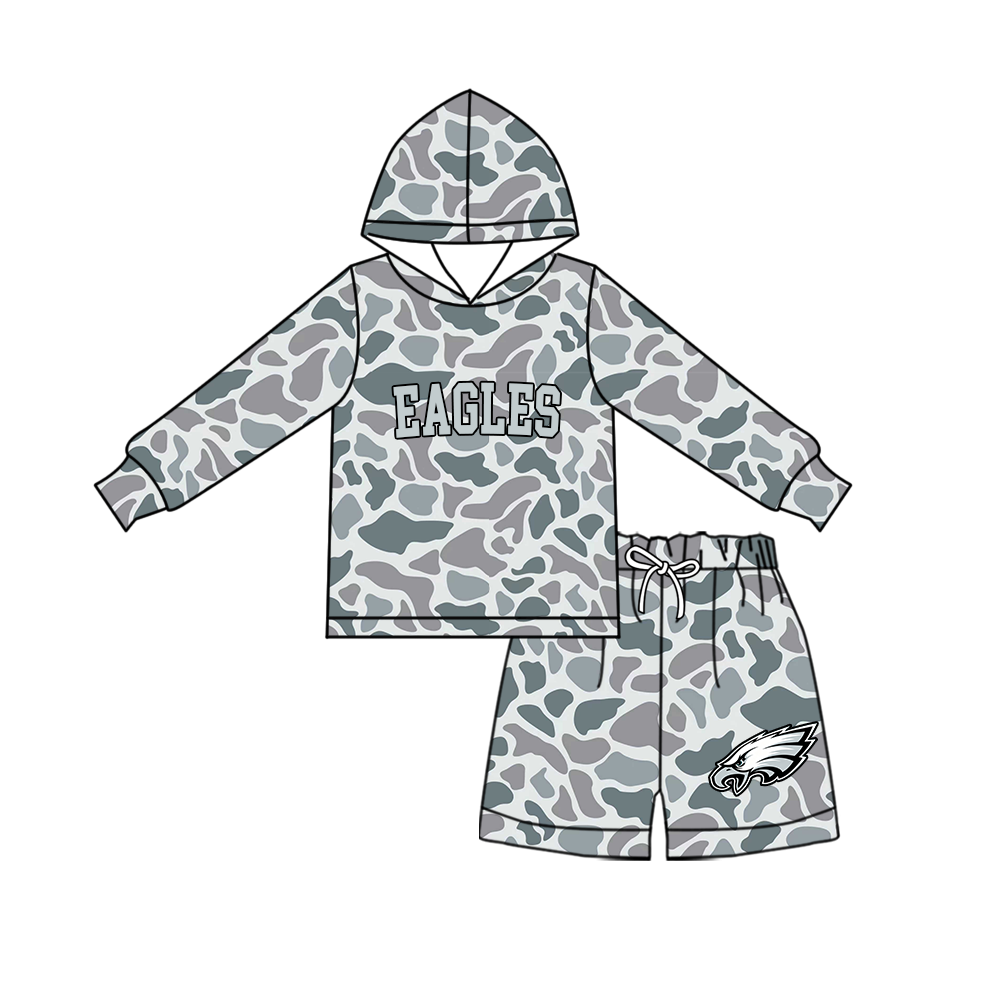 custom moq 5 mix size MSD072405 Baby Kids Grey Camo Long Sleeve Hoodie Top Camo Shorts Team Set