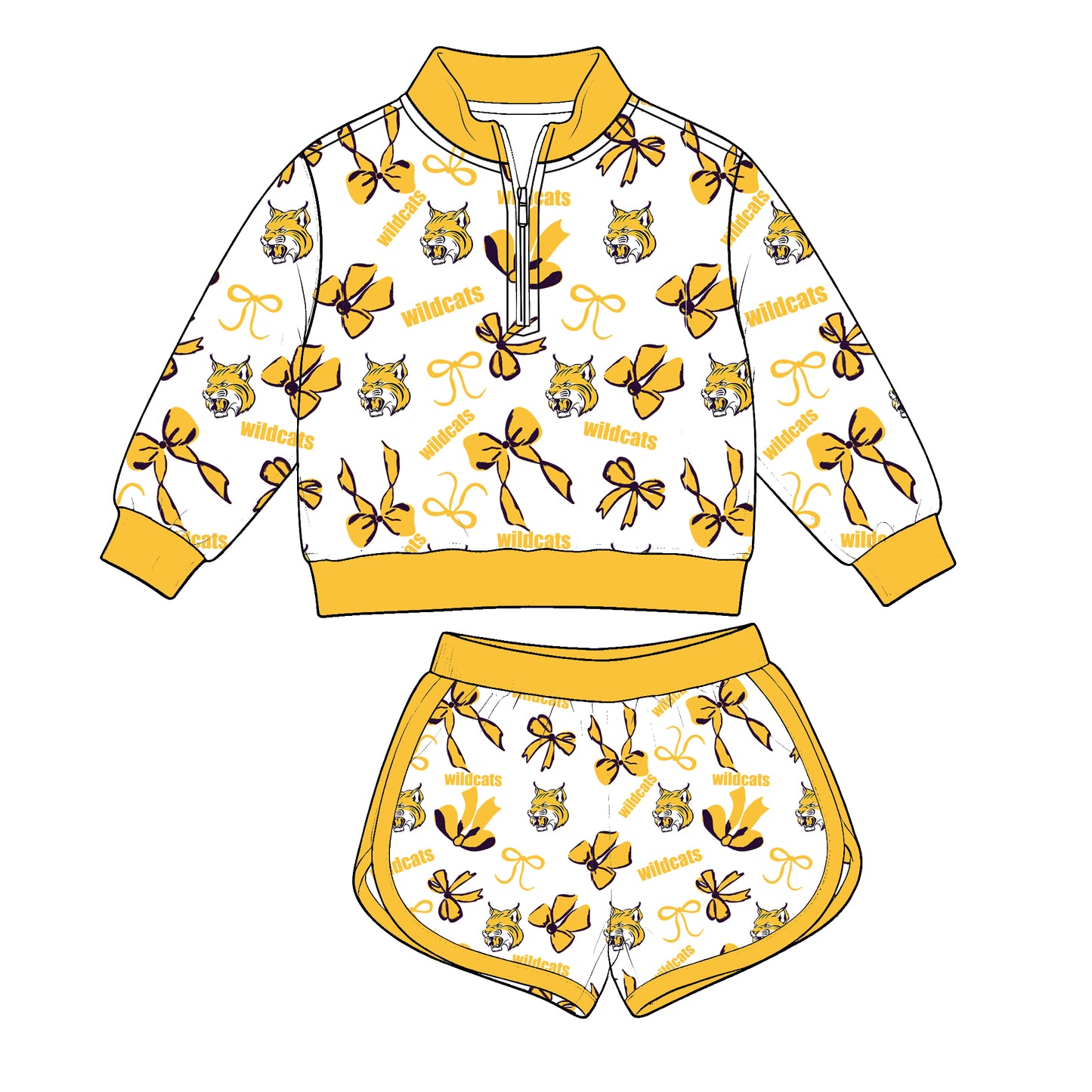 custom moq 5 mix size MSD073010 Baby Kids Bow Print Quarter Zip Sweatshirt and Shorts Team Outfit Set