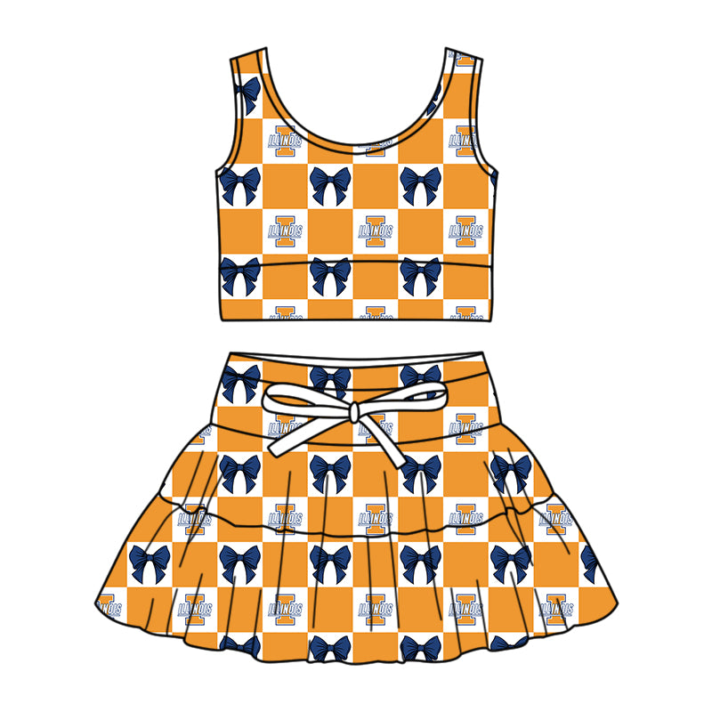 Custom moq 3 or 5 mix size milk silk summer teams baby girl clothes bow orange sleeveless skirts sets-26.1.20
