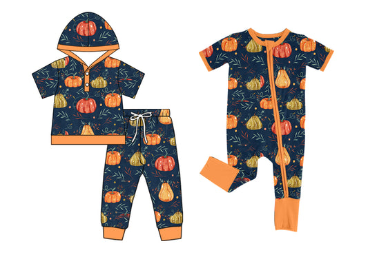 4.28 custom each style moq 5eta 4-6week Sibling Sisters pumpkin baby boy short sleeve pants sets and rompers match family design