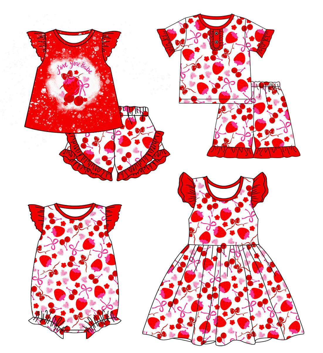 12.26 custom each style moq 5eta 4-6week Sibling Sister strawberry baby girl short sleeve shorts sets and sets 2 and girls romper and boy romper and dress match design