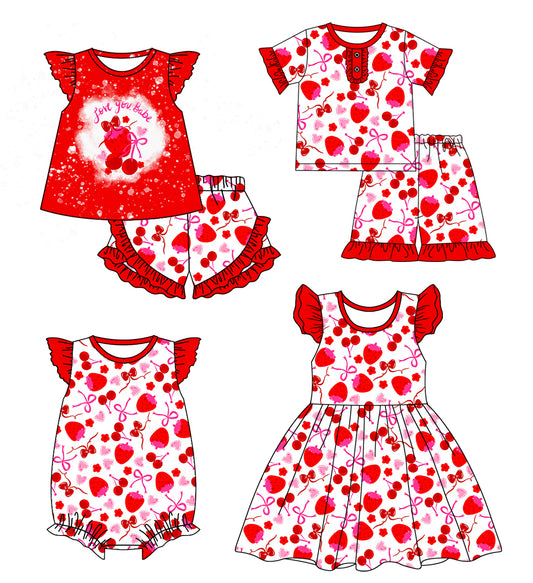 12.26 custom each style moq 5eta 4-6week Sibling Sister strawberry baby girl short sleeve shorts sets and sets 2 and girls romper and boy romper and dress match design