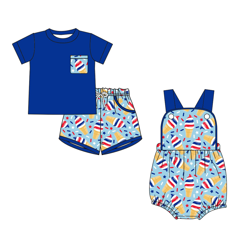 Custom moq 5 mix size Sibling blue 4th of July Baby Boys Romper Short-Sleeved Top And Shorts Set for Infants