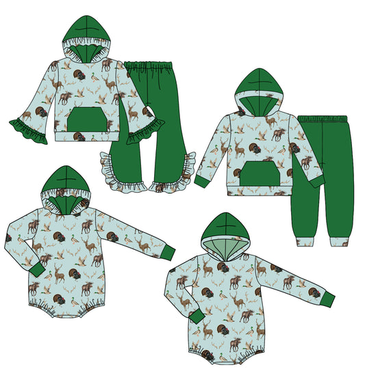 25.7.29 custom each style moq 5 eta 4-6week Sibling Sisters turkey duck baby girl long sleeve pants sets 1 and sets 2 and romper 1 and romper 2 match family design