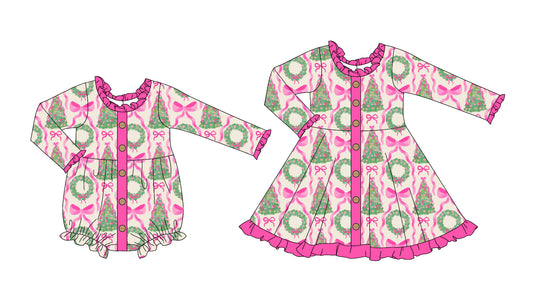 25.6.5 custom each style moq 5eta 4-6week Sibling Sisters Christmas bow pink baby girl long sleeve dress and rompers match family design