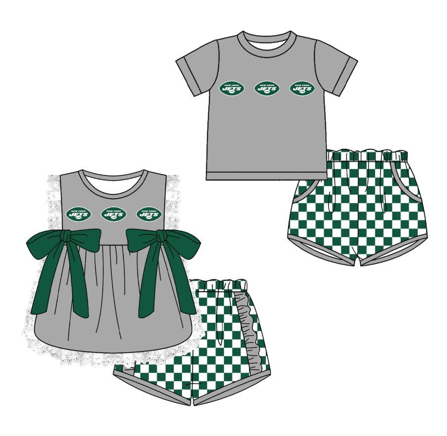 Custom moq 5 mix size milk silk summer teams Grey Girl Sleeveless Top And Plaid Shorts Set with Bow Boy Short Sleeved Top And Plaid Shorts Set