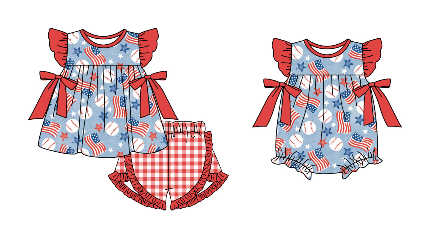 11.29 custom each style moq 5eta 4-6week Sibling Sister 4th of july baseball baby boy short sleeve shorts sets and rompers match design