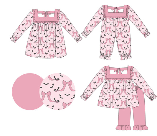 25.6.13 custom each style moq 5eta 4-6week Sibling Sisters bow bat pink baby girl long sleeve pants sets and dress and rompers match family design