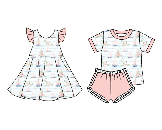 25.11.11 custom each style moq 5 eta 6-8week Sibling Sister boat baby short sleeve shorts sets and dress match design