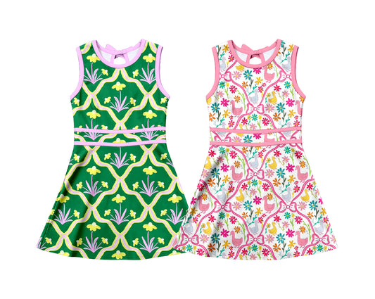 4.3 Custom moq 5 mix size Sibling Baby Girl's Colorful Flowers Sleeveless Yoga Active Short Knee Length Dress