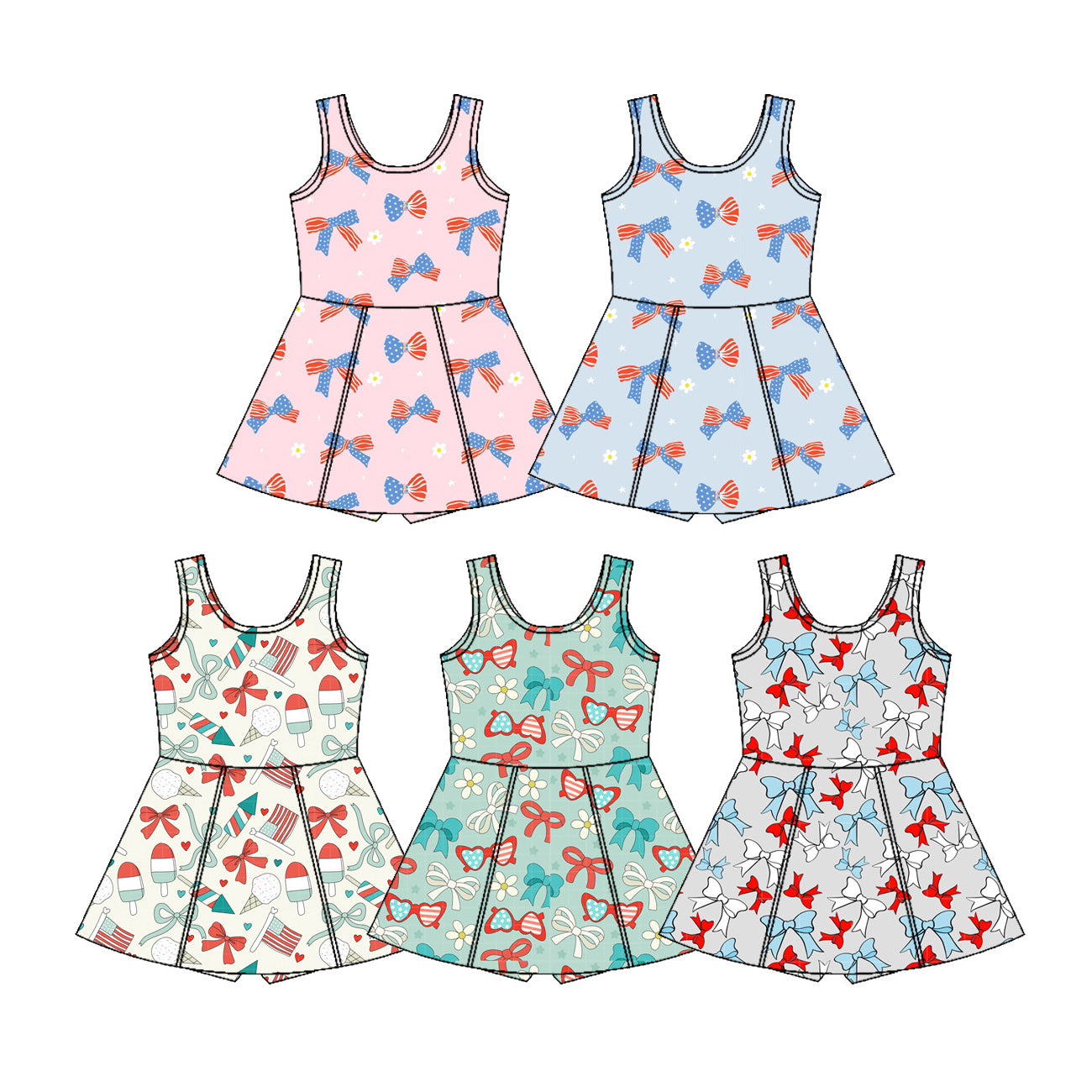 Custom moq 5 mix size Sibling Baby Girl's Sleeveless Red And Blue Bow Print Dress  Yoga Outfit