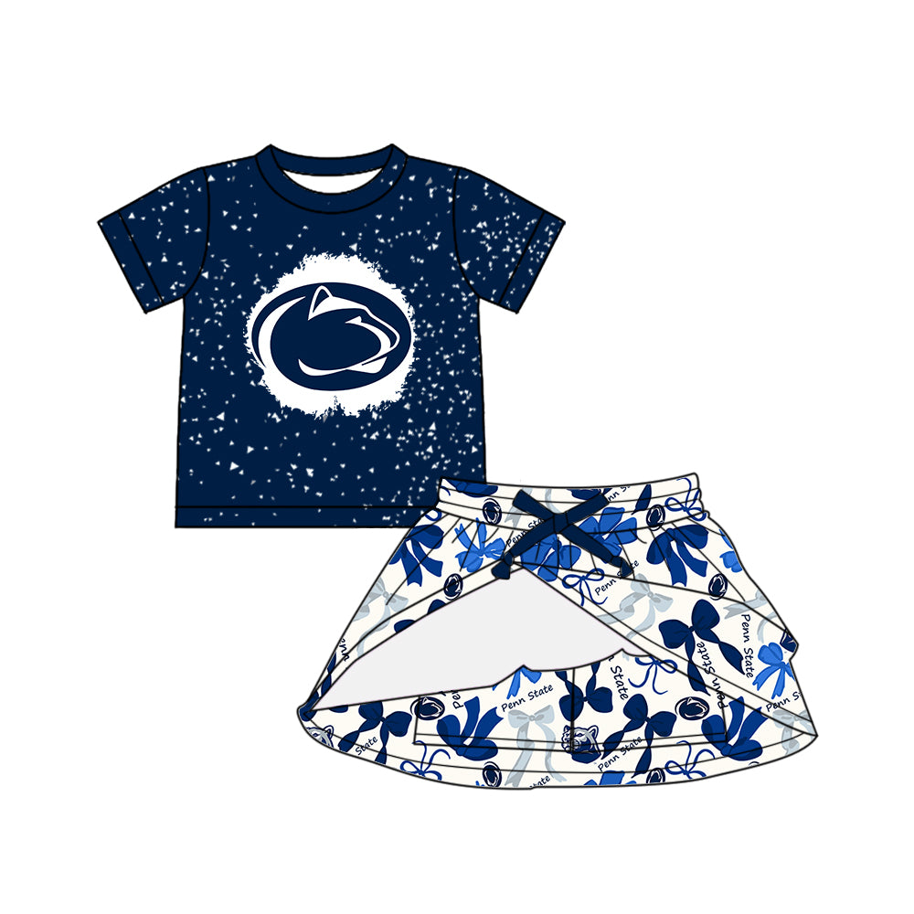 Custom moq 5 mix sizes summer teams baby girls clothes team blue short sleeve skirts shorts sets dress 1 and dress 2-25.5.10