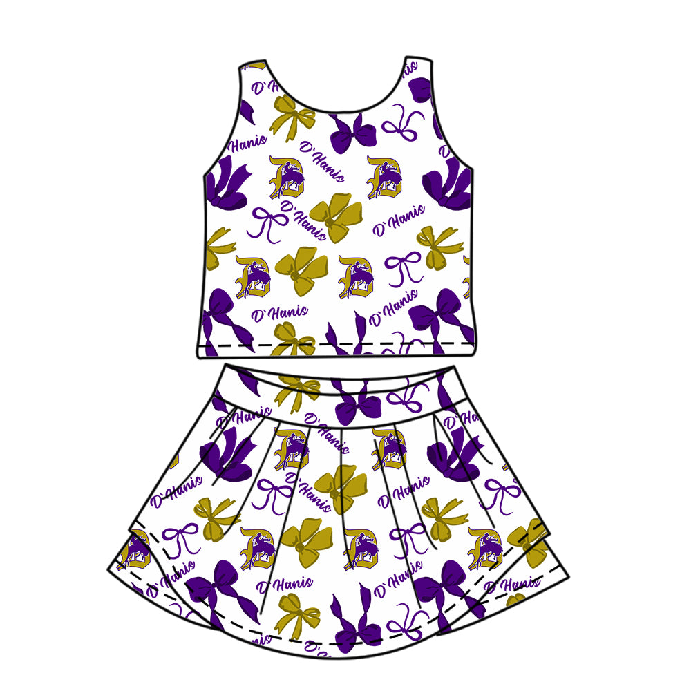Custom moq 5 mix sizes summer teams baby girls clothes team purple short sleeve skirts shorts sets 1 and skirts sets 2 and and skirts sets 2 and dress 1 and dress 2 and dress 3 and dress 4-25.6.11