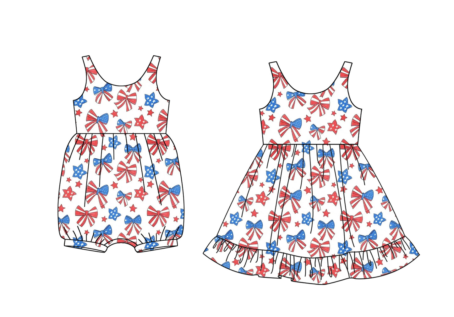 Custom moq 5 mix size Sibling  Bow Print Baby Girls Romper Sleeveless Dress 4th of July Summer Casual Wear for Little Girls