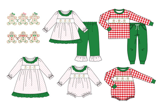 25.7.19 custom each style moq 5 eta 4-6week Sibling Sisters Christmas green baby girl long sleeve pants sets 1 and sets 2 and romper 1 and romper 2 and dress match family design