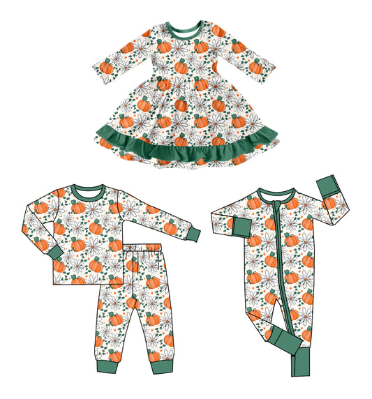 25.7.4 custom each style moq 5eta 4-6week Sibling Sisters pumpkin baby girl long sleeve pants sets and dress and rompers match family design