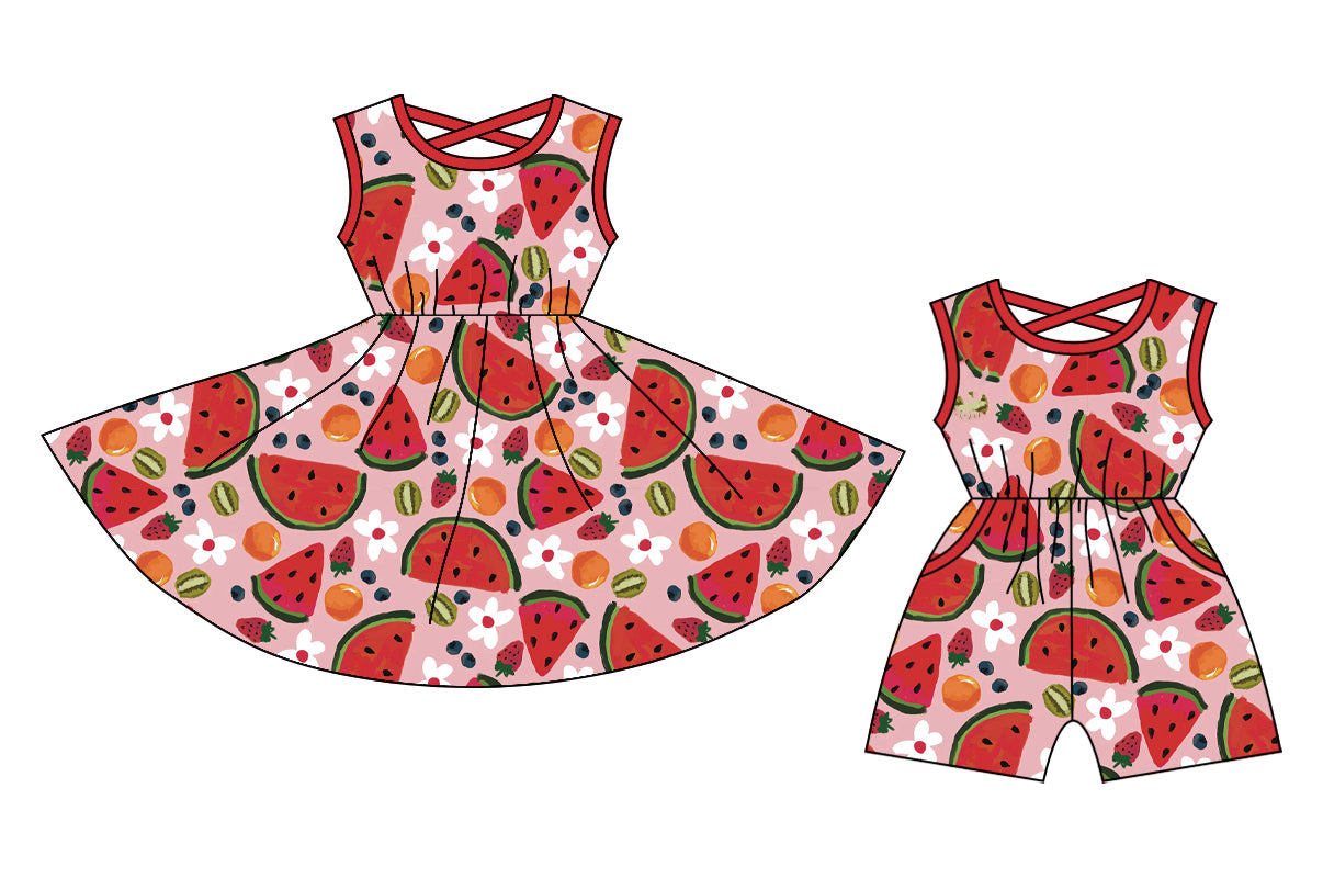 12.24 custom each style moq 5eta 4-6week Sibling Sister watermelon baby girl short sleeve shorts dress and jumpsuit match design